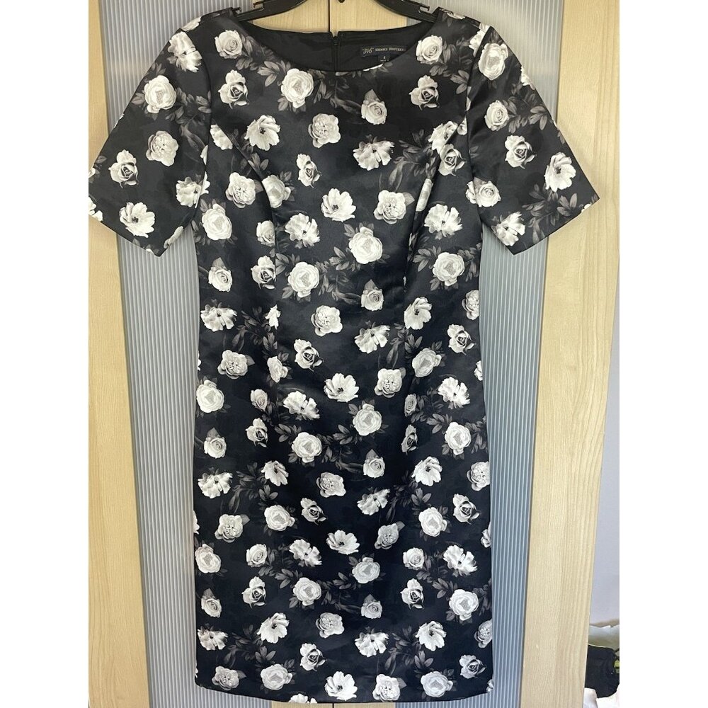 BROOKS BROTHERS 346 Sz 4 Floral Sheath Career Dress Black White Satin Wedding
